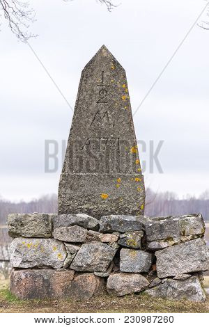 An Old Milestone In Granit Stone  With Text 1781