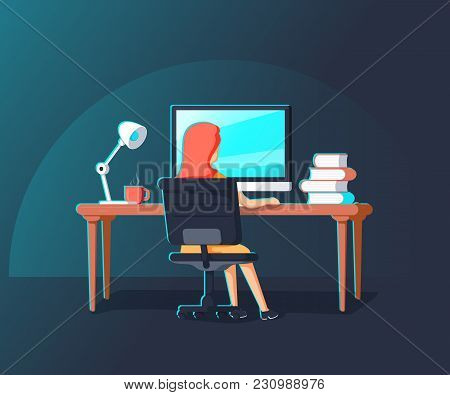 Woman Working With Laptop At Her Work Desk, Looking At Monitor. Gradient Line Vector Illustration Of