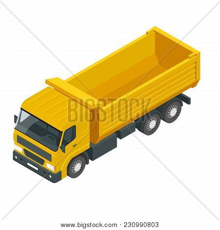 Isometric A Dump Truck, Dumper, Tipper Truck Isolated On White. Truck Used For Transporting Loose Ma