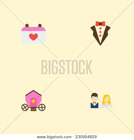 Set Of Marriage Icons Flat Style Symbols With Brougham, Groom Suit, Just Married And Other Icons For