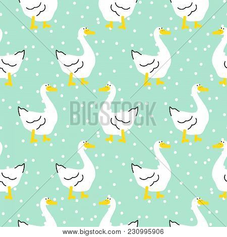 Seamless Pattern With A Cute Goose Cartoon Bird On Dotted Green Mint Background For Kids Apparel And