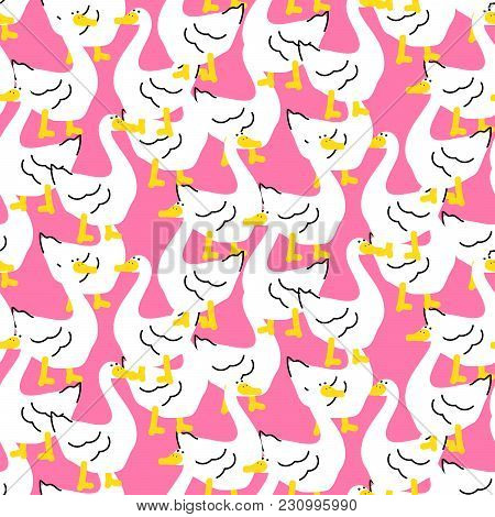 Seamless Pattern With A Cute Goose Cartoon Bird On Dotted Green Mint Background For Kids Apparel And
