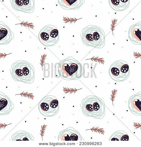 Easter Seamless Pattern With Nest And Hearts. Cute Spring Pastel Colors Repeat Texture.