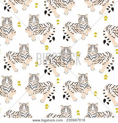 Seamless Pattern With Lying Tiger On Ground. Vector Repeat Background For Kids Fabric And Apparel.