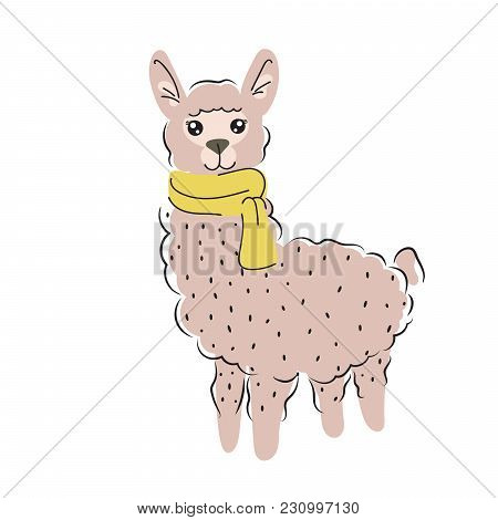 Cute Alpaca Isolated Cartoon Vector Illustration. Funny Animal In A Scarf For Shirt And Apparel Prin