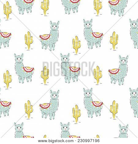 Baby Lama Seamless Pattern. Cute Fun Alpaca Animal For Textile Print And Kid Apparel.