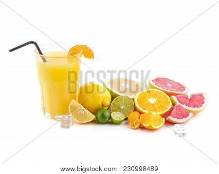 Exotic Flat Lay. Orange Juice With Exotic Citrus Fruits Around. Refreshing Orange Juice . Exotic Mix