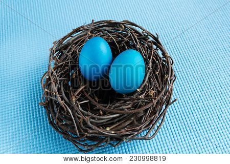 Easter Eggs In The Nest On Blue Background