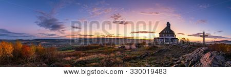 Schwartenberg Lookout In Germany Neuhausen Saxony Near Spa Town Seiffen. Panorama View