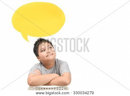 Fat Boy Thinking With With Speech Bubble Isolated On White Backgrond, Eucation Concept