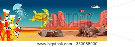 Coral Reef And Fishes On A Blue Sea Deep, Diver, Underwater Marine Life. Vector Panoramic Illustrati