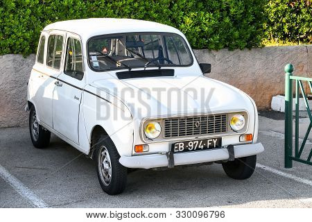 Sainte-maxime, France - September 11, 2019: White Motor Car Renault 4 In The City Street.