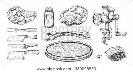 Meat Steak. Hand Drawn Pork Veal And Bacon Beef And Lamb Cookery, Butchery Food Products Sketch. Vec