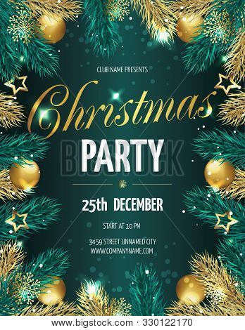 Hristmas Party Poster With Fir Branches. Vector Illustration