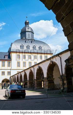 Gotha, Germany - June 01, 2019: Tourists In The Courtyard Of The Castle Friedenstein In Gotha In Thu