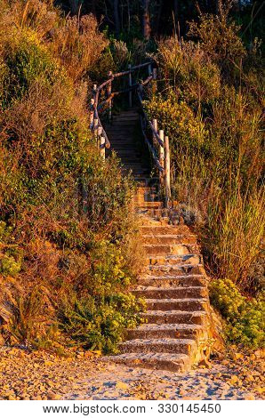 Curved Stone Stairs With Wooden Railings On Cala Violina Beach Surrounded By Green Forest. Province 