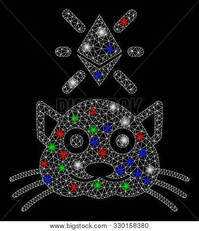 Bright Mesh Crypto Kitty With Glare Effect. White Wire Carcass Triangular Mesh In Vector Format On A
