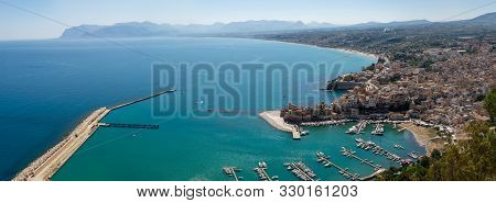 View On Small Sicilian Seaside Town Castellammare Del Golfo And Golden Beaches Of Alcamo Marina,  Lo