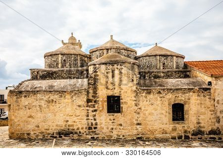 Agia Paraskevi Old Stone With Domes And Bell Tower Byzantine Church In Geroskipou Village, Cyprus