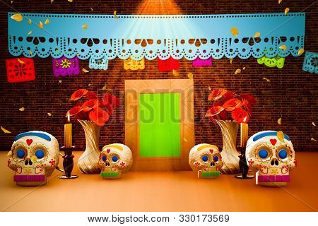 Day Of The Dead Offering, Mexican Ofrenda With A Frame