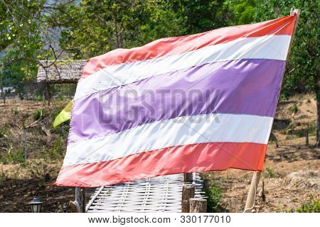 Thailand Flag On The Longest Wooden Bridge In Pai - Thailand
