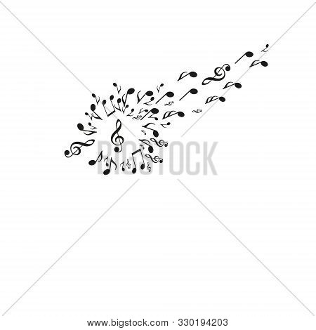 Dandelion Silhouette Made From Musical Notes, With Some Notes Flying Away Towards On Whrite Backroun