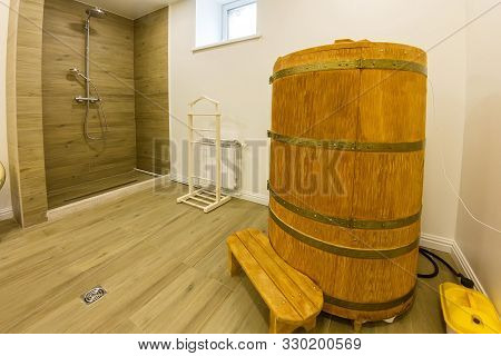 Interior Cedar Phyto Barrel Sauna With Shower In The Medical Spa Salon