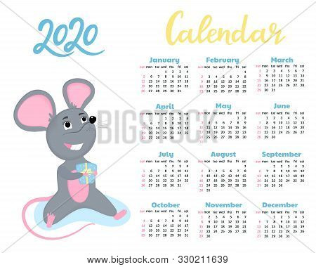 Calendar For 2020 From Sunday To Saturday. Cartoon Funny Mouse Sits And Holds In Paws A Gift Box. Ye