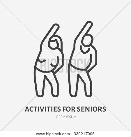 Senior Exercise Flat Line Icon. Old People Stretch Vector Illustration. Thin Sign Of Elderly Couple 