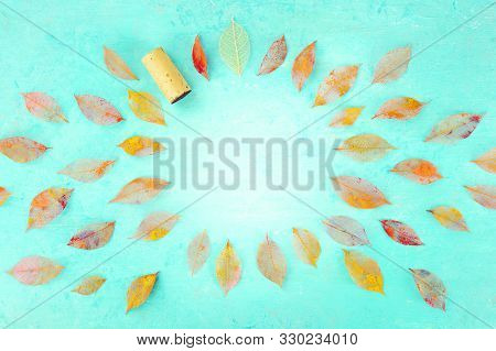 Autumn Wine Background With Skeleton Leaves On A Blue Texture, A Design Template For A Winetasting I