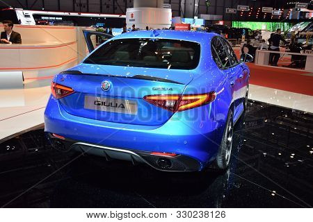 Geneva, Switzerland - March 04, 2019: Alfa Romeo Giulia Geneva International Motor Show 2019