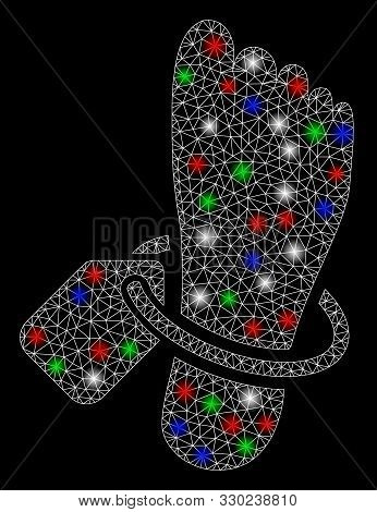 Bright Mesh Morgue Tagged Foot With Lightspot Effect. White Wire Carcass Triangular Network In Vecto