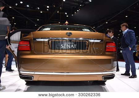 Geneva, Switzerland - March 05, 2019: Aurus Senat - Geneva International Motor Show 2019
