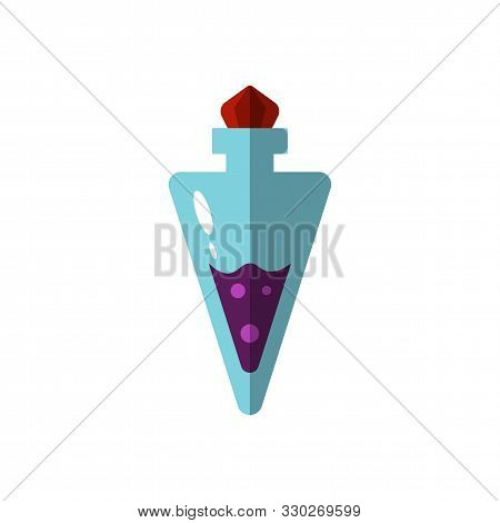 Vector Flat Magic Bottle Illustration. Potion Bottle Icon Of Witch Magic Elixir Or Alchemist Poison.