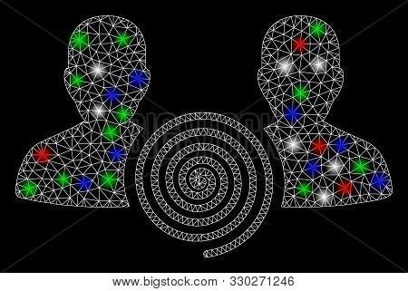 Bright Mesh Hypnosis Sect With Glow Effect. White Wire Carcass Polygonal Mesh In Vector Format On A 