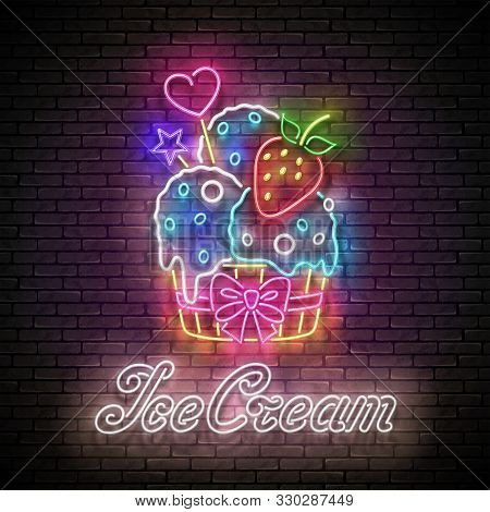 Vintage Poster With Ice Cream Balls And Strawberry In Paper Cup. Cafe Flyer Template. Neon Light Ban