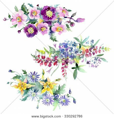 Bouquet Floral Botanical Flowers. Watercolor Background Illustration Set. Isolated Bouquets Illustra