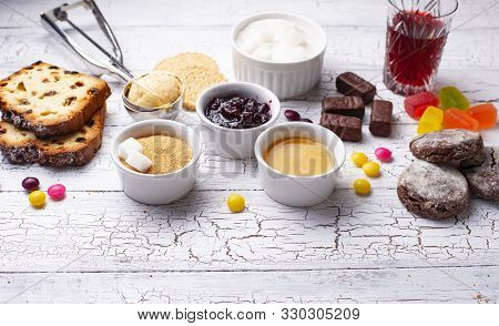 Unhealthy Products High In Sugar. Simple Carbohydrates Food.