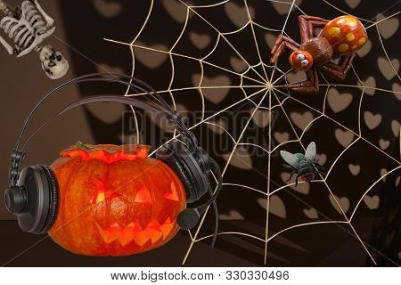 Orange Pumpkin For Halloween Day With Different Characters Like Skeleton Centipede Spider Web Bats C