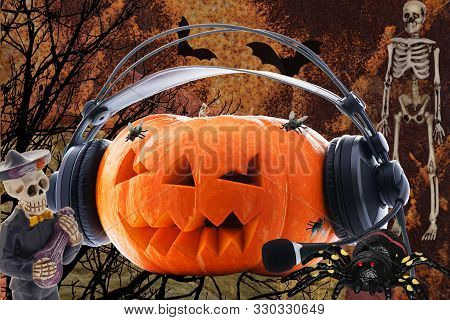 Orange Pumpkin For Halloween Day With Different Characters Like Skeleton Centipede Spider Web Bats C