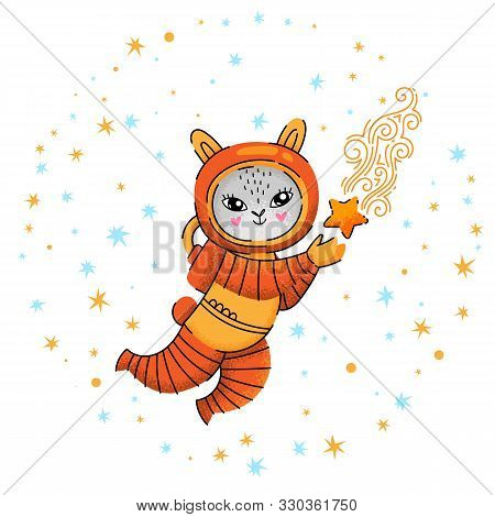 Catch The Star Cute Bunny Astronaut Character Among Stars. Hand Drawn Cartoon Cillustration With Gra