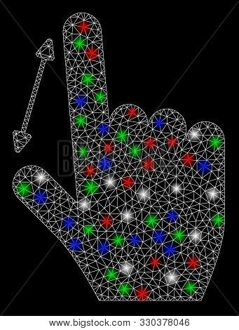 Bright Mesh Measure Fingers With Lightspot Effect. White Wire Carcass Triangular Mesh In Vector Form