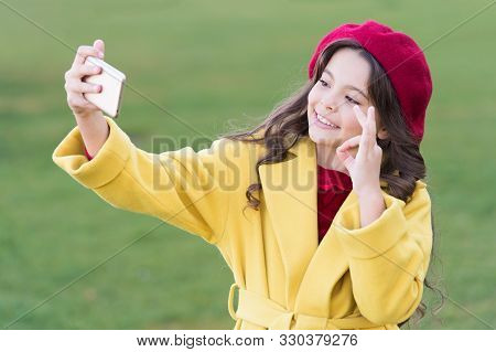 Stay In The Loop. Happy Small Blogger Keep Video Blog Or Vlog. Cute Girl Show Ok Gesture For Blog Ph