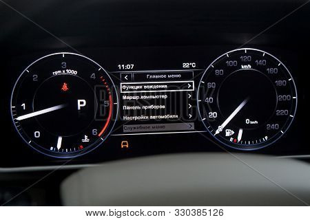 Novosibirsk, Russia - September 09, 2019:  Range Rover Vogue Se, Close Up Instrument Automobile Pane