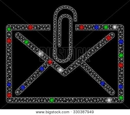 Bright Mesh Mail Attachement With Glare Effect. White Wire Carcass Triangular Network In Vector Form