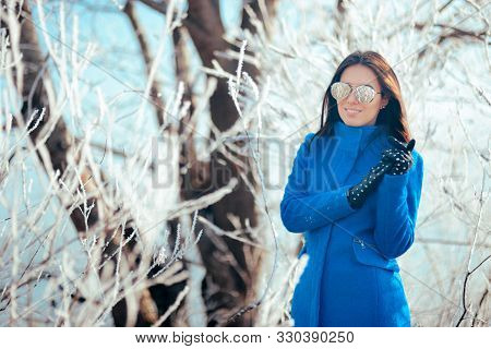 Trendy Winter Woman With Mirror Sunglasses Fashion Portrait