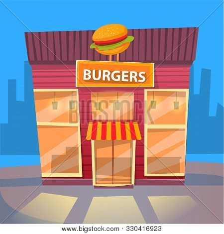 Burger House In City, Night Cityscape With Exterior Of Building Selling Fast Food And Snacks. Eatery
