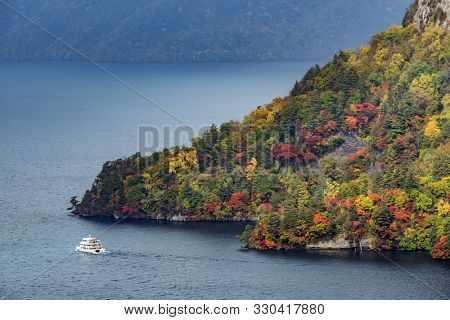 aerial view of Autumn fall mountain with Lake towada in Aomori Tohoku Japan