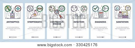 Mobile App Onboarding Screens. Stomach Pain, Health Problems, Disease, Kidney Infection, Antiseptic.