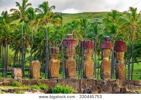 Ahu Nau Nau Rear View Against Palm Trees, Rapa Nui